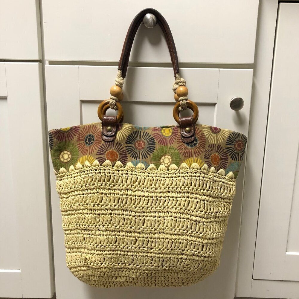 Fossil Straw Purse Shoulder Tote Bag Floral Woven Jute Handbag Boho Slouchy Hobo